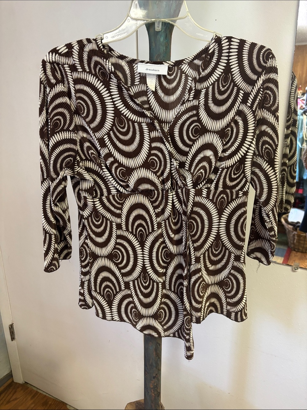 dressbarn Brown & White Swirl Print Wrap Blouse